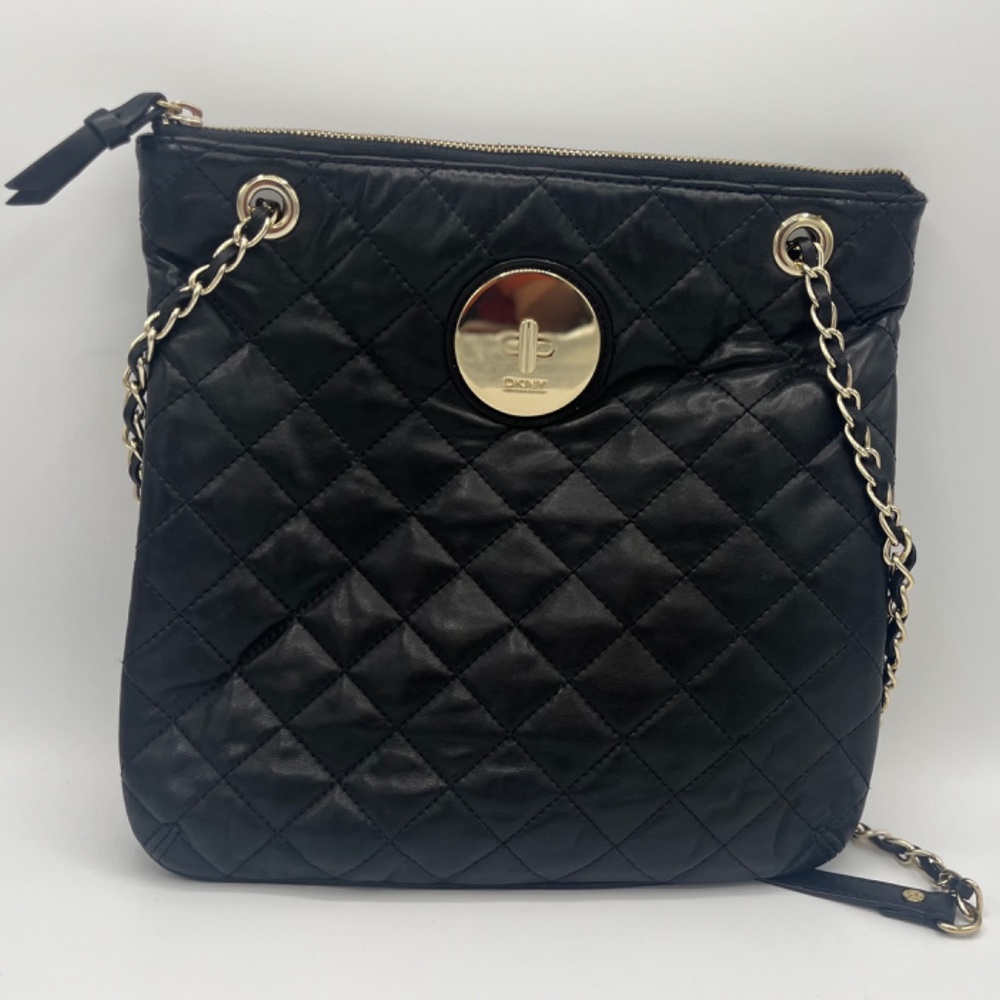 DKNY Women's Black Quilted Nappa Leather Tote Crossbody Shoulder Bag Chain Strap